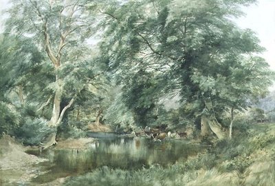 Landskap med hjort som drikker fra en elv av Henry Jutsum