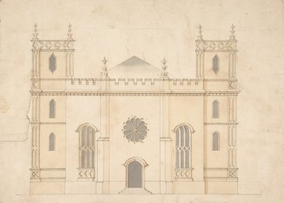 Fasade til en gotisk vekkelseskirke, 1745-76. av Henry Keene.