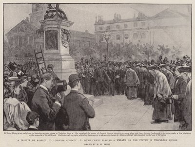 En hyllest av respekt til kinesiske Gordon, Li Hung Chang plasserer en krans på statuen på Trafalgar Square av Henry Marriott Paget
