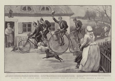 Sykler i den tyske hæren, soldater som vender hjem på Furlough Riding gjennom en landsby av Henry Marriott Paget
