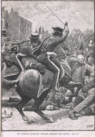 Peterloo-massakren med husarene som anklager folket, illustrasjon fra Cassells 
