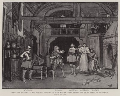 Under den røde kappen på Haymarket Theatre, scenen mellom kaptein Larolle og Gil de Berault på Chateau av Henry Marriott Paget
