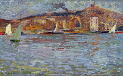 Havnen i Marseille, den gamle havnen og «den gode mor» (Cathedrale Notre Dame de la Garde (Notre-Dame-de-la-Garde). Maleri av Henri Martin (1835-1908). Olje på lerret. Mål: 38x61cm Obligatorisk omtale: Regards de Provence foundation collection, Marseille av Henry Martin
