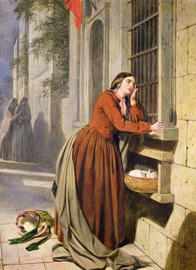 Mor deponerer barnet sitt på Foundling Hospital i Paris, ca. 1855-60 (olje på tre) av Henry Nelson O