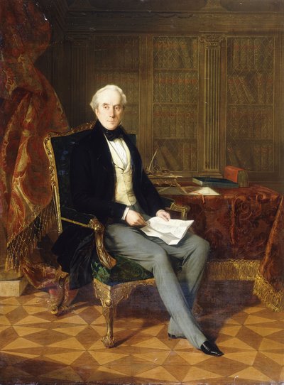 Portrett av Henry Pelham-Clinton, K.G., 4. hertug av Newcastle, holder et dokument, i hans studie, 1850 av Henry Nelson ONeil
