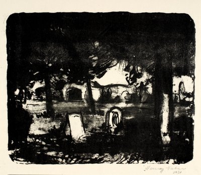 Kirkegård, graver under høye trær av Henry Nielsen