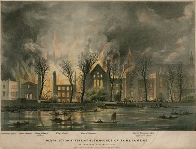 Ødeleggelse ved brann av begge parlamentets hus torsdag kveld 16. oktober 1834 av Henry O