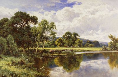 Et skogkledd elvelandskap med storfe, av Henry Parker
