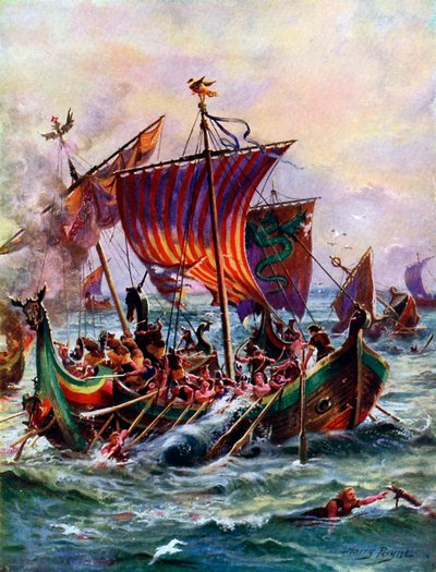 Alfreds bysser angriper vikingdrageskipet, 897 e.Kr., c1920 av Henry Payne