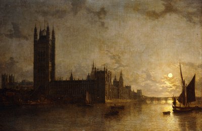 Westminster Abbey, The Houses of Parliament med byggingen av Westminster Bridge, 1859 av Henry Pether