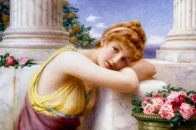 Dagdrømmer, en ung jente som drømmer på en antikk marmorterrasse. Maleri av Henry Ryland (1856–1924) (prerafaelitt). Privat samling. av Henry Ryland