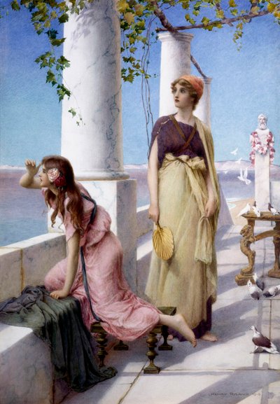 «Fjerne visjoner» Unge kvinner som skanner horisonten fra sin antikke terrasse. Maleri av Henry Ryland (1856–1924) 1910 Privat samling av Henry Ryland