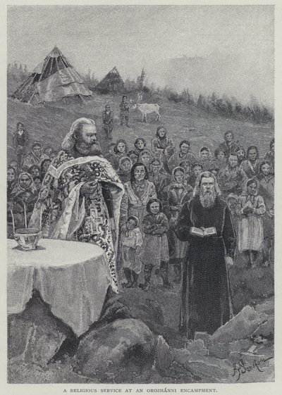 En religiøs gudstjeneste ved et Orozhanni-leir (litho) av Henry Sandham