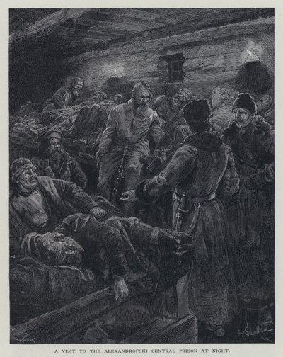 Et besøk til Alexandrofski Central Prison at Night (litho) av Henry Sandham
