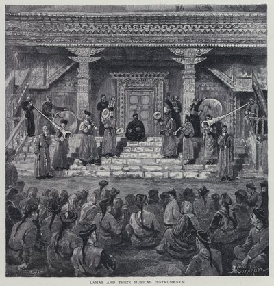Lamaer og deres musikkinstrumenter (litho) av Henry Sandham