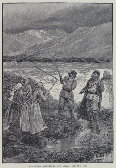Bønder som tresker ut korn på isen (litho) av Henry Sandham