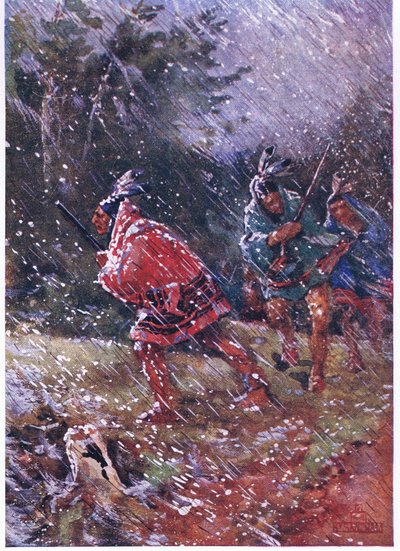 Røde indianere på jakt i en snøstorm av Henry Sandham