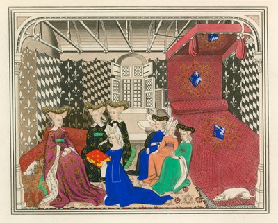 Christine de Pisan, presenterer boken sin til dronningen av Frankrike, tidlig på 1400-tallet av Henry Shaw
