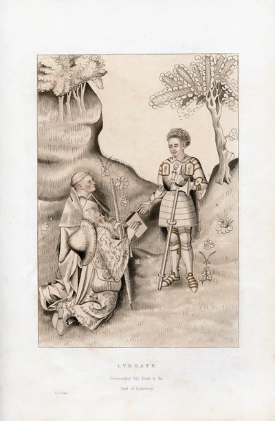 Lydgate presenterer boken sin for jarlen av Salisbury, 1426, 1843. av Henry Shaw