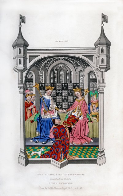 Jarlen av Shrewsbury presenterer boken sin til dronning Margaret, c1445, 1843. av Henry Shaw