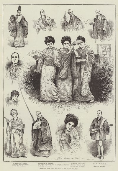 Skisser fra "The Mikado" på Savoy Theatre (gravering) av Henry Stephen (b.1861 fl.1880 1925) Ludlow