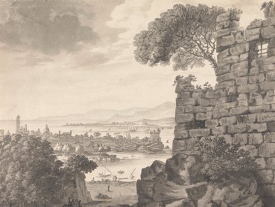 Landskap med ruiner i forgrunnen, havn og landsby, i bakgrunnen av Henry Swinburne
