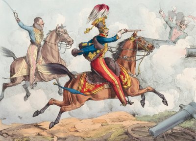 Et kavaleriangrep i et slag fra 1800-tallet. av Henry Thomas (after) Alken