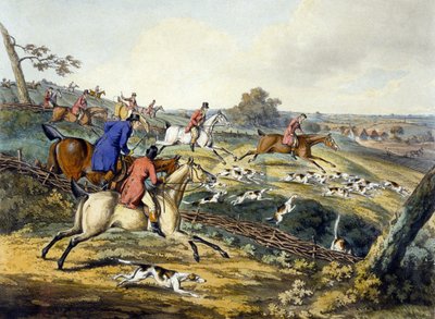 The Full Cry, fra 'Foxhunting', gravert av Thomas Sutherland (1785-1838) (farge litho) av Henry Thomas (after) Alken