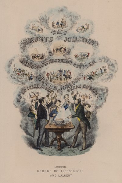 Tittelsideillustrasjon for Jorrocks Jaunts and Jollities (litho i farge) av Henry Thomas (after) Alken