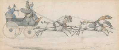 En gentleman kjører med et firspann foran en postfajetong, ledsaget av tre stallgutter av Henry Thomas Alken