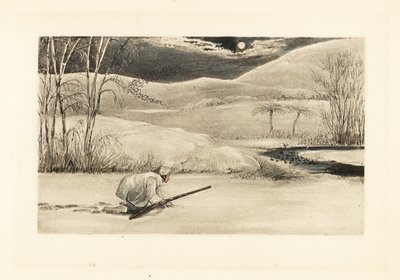 Engelsk herre som kryper på en frossen elvebredd for å jakte ender. av Henry Thomas Alken