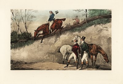 Engelsk herremann på hesteryggen som hopper fra en bratt voll av Henry Thomas Alken