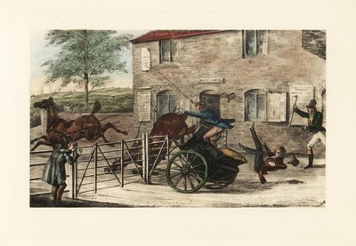 Engelske herrer i en konsert med to hester prøver å hoppe over en bomport. av Henry Thomas Alken