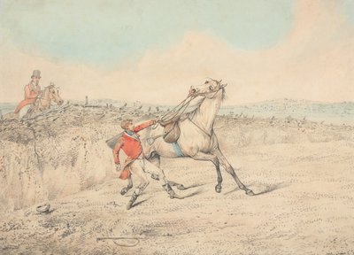 Rytter som holder fast i en grå hest etter et fall av Henry Thomas Alken