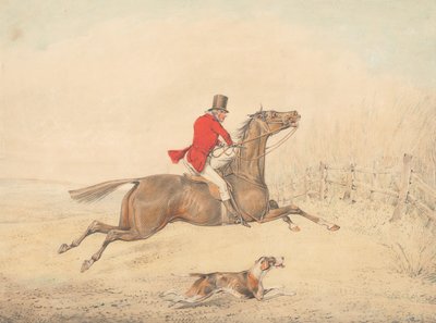 Rytter på en brun hest i ferd med å hoppe over et gjerde mot høyre av Henry Thomas Alken