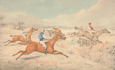 Hinderløp: Fire ryttere hopper over en grøft og en oxer av Henry Thomas Alken