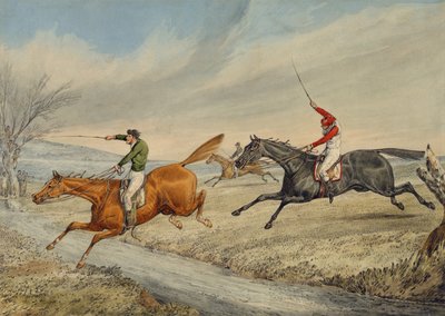 Steeplechasing: Three Riders Taring a Brook (blyant og wc på papir) av Henry Thomas Alken
