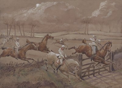 The Last Field nær Nacton Heath, plate 3, fra The First Steeple Chase on Record, gravert av J. Harris, trykt av Ackermann, London i 1839 (farget akvatint) av Henry Thomas Alken