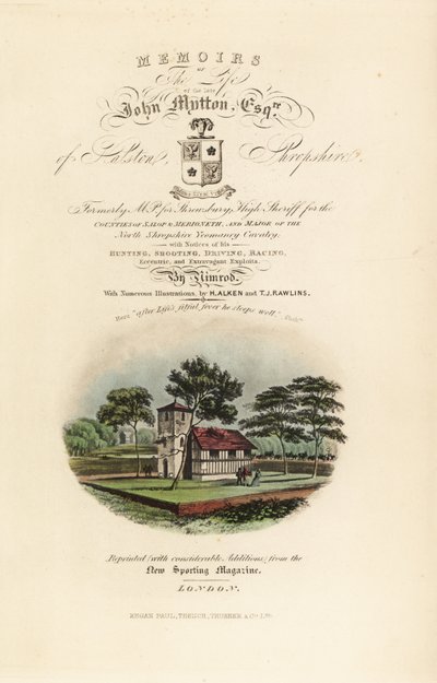 Tittelside med kalligrafisk tittel og vignett av engelsk Tudor av Henry Thomas Alken