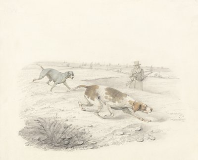 Two Pointers, vendt mot høyre med en Sportsman (grafitt og wc på papir) av Henry Thomas Alken