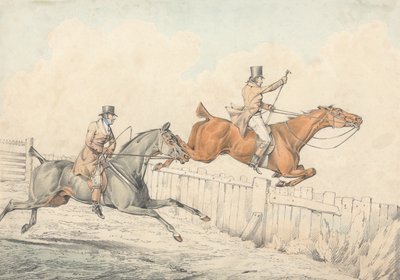 To ryttere som hopper over et tregjerde av Henry Thomas Alken