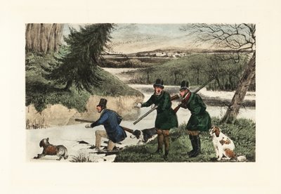 Viktorianske herrer som jakter ender med våpen og hunder på en frossen av Henry Thomas Alken