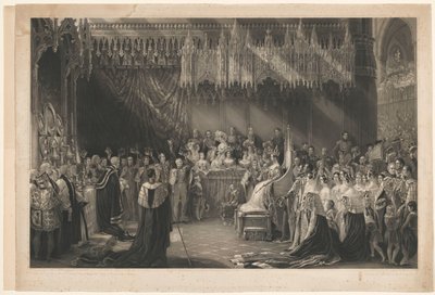 Kroningen av dronning Victoria av England. Til George Hayter, med adresse til Graves og Warmsby. Tresnittskisse og legende inkludert av Henry Thomas Ryall