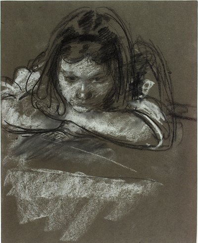 Hode og skuldre til en jente ved et bord (kritt på papir) av Henry Tonks
