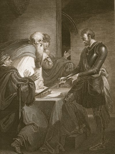 Earl Warenne rettferdiggjør titlene til eiendommene sine, gravert av J. Fittler, illustrasjon fra David Humes 