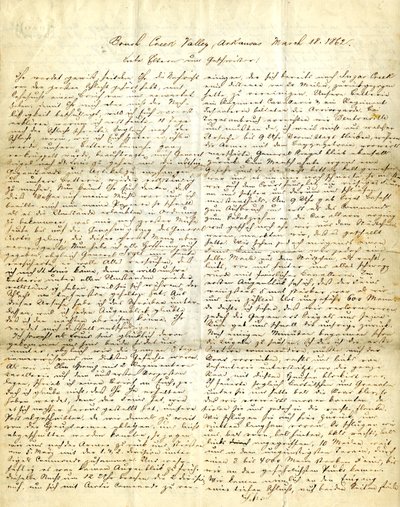 Brev signert Henry [Henry Voelkner], Brush Creek Valley, Arkansas, til foreldrene, brødrene og søstrene, 18. mars 1862 av Henry Voelkner