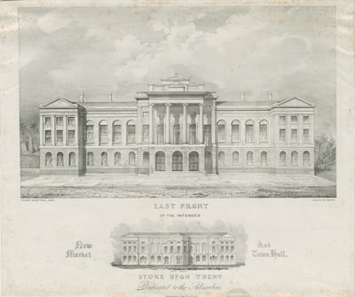 Stoke-upon-Trent - Tiltenkt nytt marked og rådhus: litografi, nd [c 1834] av Henry Ward