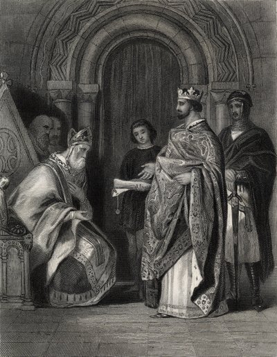 Henry II presenterer pavens okse til erkebiskopen av Cashel, gravert av G. Greatbach av Henry Warren