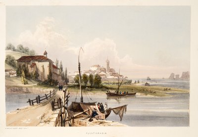 Fontarabia, med klosteret og broen til Capauchinos, fra Skisser av natur i de baskiske provinsene i Spania, med et utvalg av nasjonal musikk ?, pub. 1838 (håndfarget gravering) av Henry Wilkinson