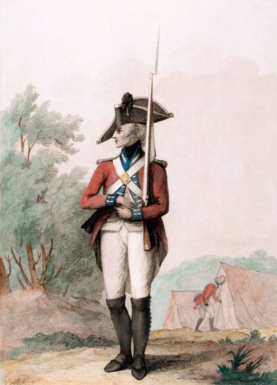 Fotsoldat, ca. 1791 (stippgravering) av Henry William (after) Bunbury